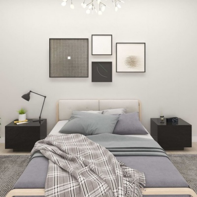 Quarto moderno com cama cinzenta, mesa de cabeceira preta e quadros abstratos na parede