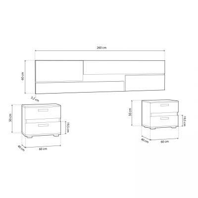 Desenho técnico de conjunto de móveis com painel e duas mesas de cabeceira com dimensões indicadas