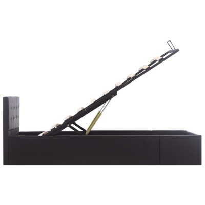 Cama preta com estrutura elevável e cabeceira acolchoada