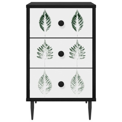 Cómoda preta com três gavetas decoradas com folhas verdes