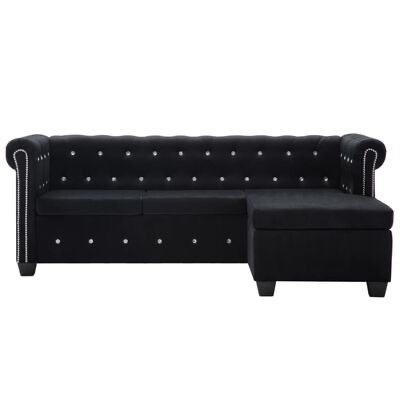 sofá chaise longue preto em veludo com botões e tachas metálicas