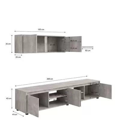 Móvel de TV cinza com portas abertas e medidas detalhadas