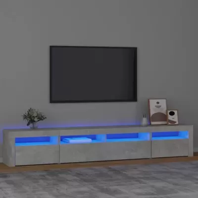 Móvel de sala cinza com iluminação azul e decoração minimalista