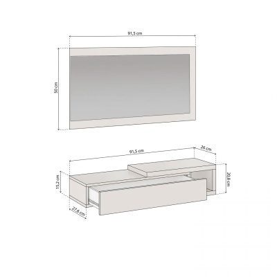Conjunto móvel para TV branco com gaveta cinza e espelho rectangular com moldura branca.