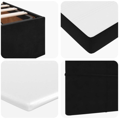 Conjunto de cama preto com colchão branco e ripas de madeira