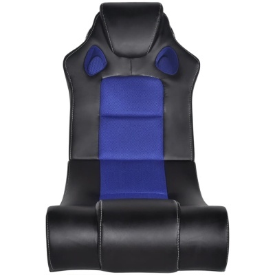 cadeira de gaming preta com detalhes azuis e costuras brancas