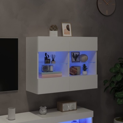 Móvel de parede branco com iluminação azul e objetos decorativos