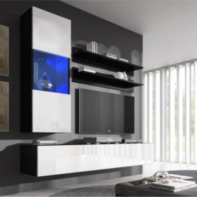 Móvel moderno de sala com prateleiras pretas, portas brancas e iluminação azul