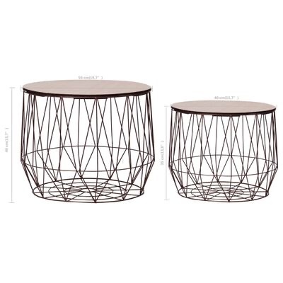 Duas mesas laterais redondas com tampos de madeira clara e estruturas metálicas pretas geométricas