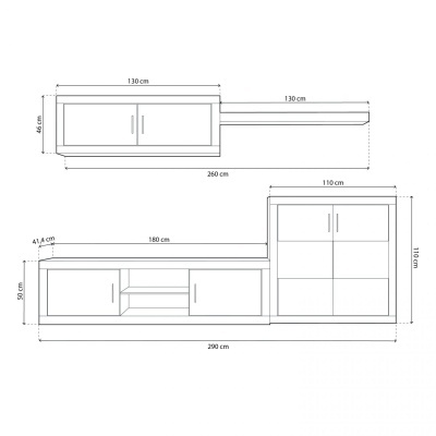 Desenho técnico de móvel de sala de estar com várias partes e medidas