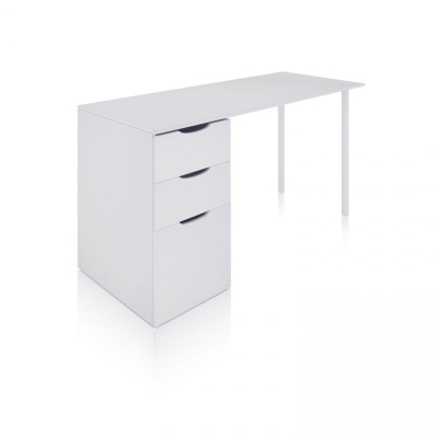 Escrivaninha branca com três gavetas e duas pernas tubulares