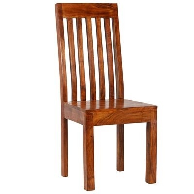 Cadeira de madeira castanha com costas altas e cinco ripas verticais.