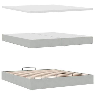 Conjunto de cama desdobrável cinza com colchão dividido em três partes e ripas em madeira