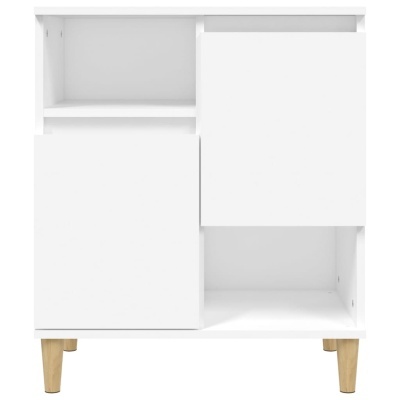 Móvel de armazenamento branco com portas e prateleiras, pés de madeira clara