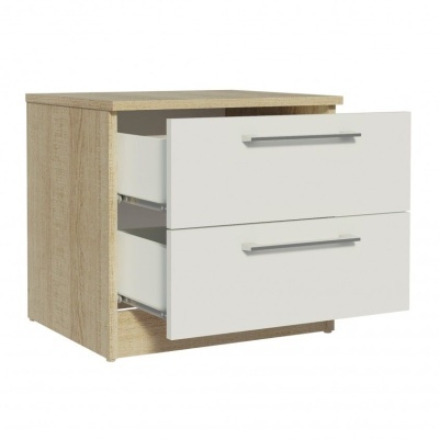 Móvel de madeira com duas gavetas brancas abertas