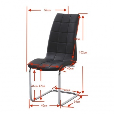 Cadeira preta estofada com base metálica e medidas em centímetros