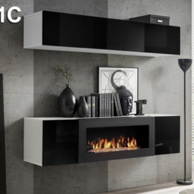 Móvel moderno preto e branco com lareira embutida e decoração