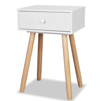 Mesa de cabeceira branca com gaveta e pernas de madeira natural