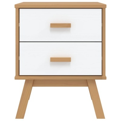 Móvel de madeira castanho claro com duas gavetas brancas e puxadores retos em madeira.