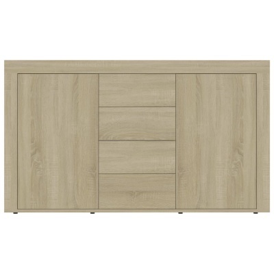 Aparador em madeira clara com três gavetas centrais e duas portas laterais