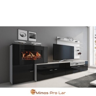 Móvel de sala moderno preto e branco com lareira elétrica, TV e prateleiras decorativas