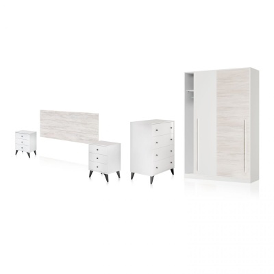 Conjunto de móveis para quarto em madeira clara e branca com mesas de cabeceira, cómoda e roupeiro