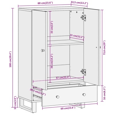Armário de madeira branca com duas portas, gaveta e dimensões indicadas