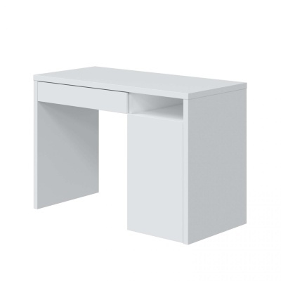 Mesa de escritório branca com gaveta e prateleira aberta
