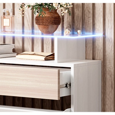 Cômoda branca com gaveta de madeira clara, vaso de barro com flores, perfume e livros