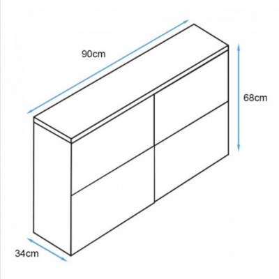 Desenho esquemático de móvel branco com quatro painéis frontais e dimensões marcadas.