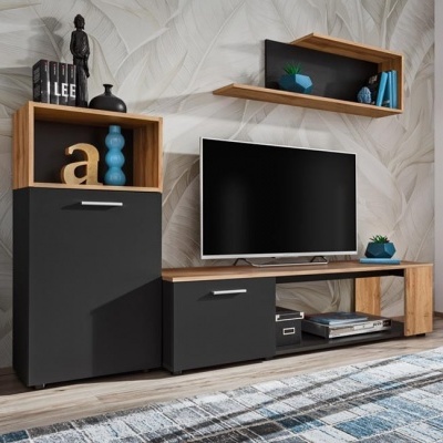 Conjunto de móveis de sala em madeira clara e preto com televisão e decoração