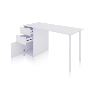 Mesa de escritório branca com gavetas e armário