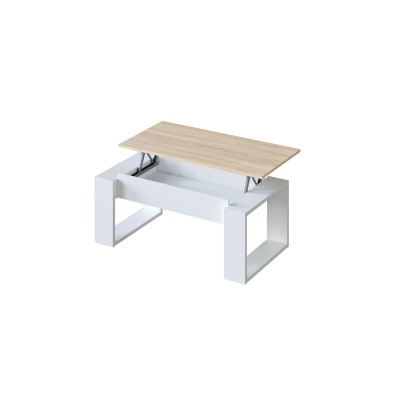 Mesa de centro branca com tampo em madeira clara elevatório