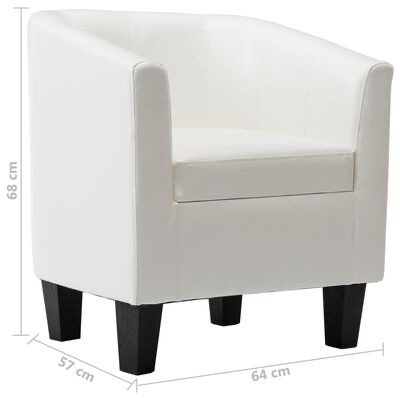 Poltrona branca estofada com pernas de madeira escura e medidas visíveis.