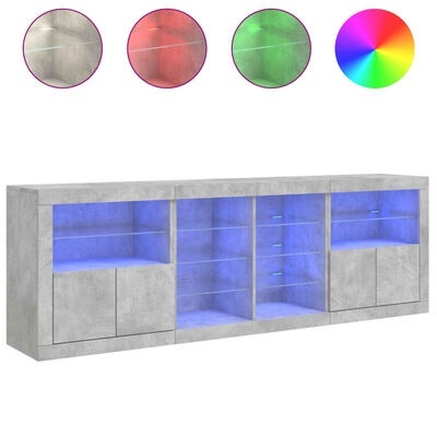 Móvel de sala cinzento com iluminação LED azul e variações de cor