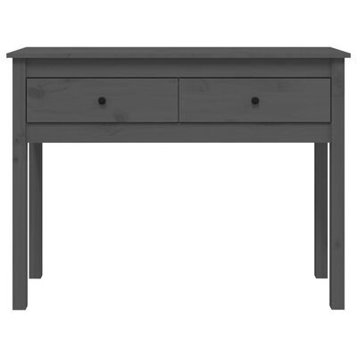 Mesa de madeira cinza com duas gavetas e puxadores pretos