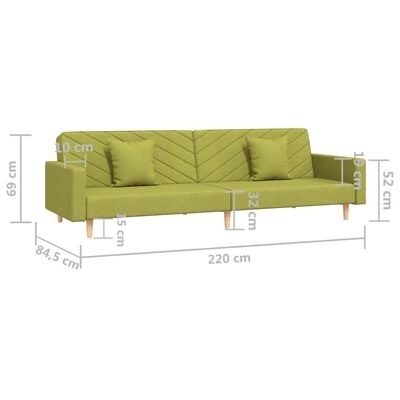 sofá verde com almofadas e pernas de madeira com medidas