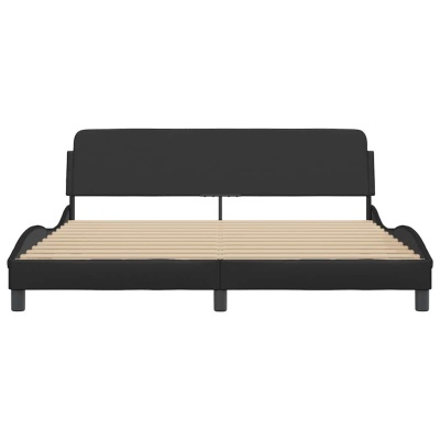 Cama de casal com estrutura preta e ripas de madeira