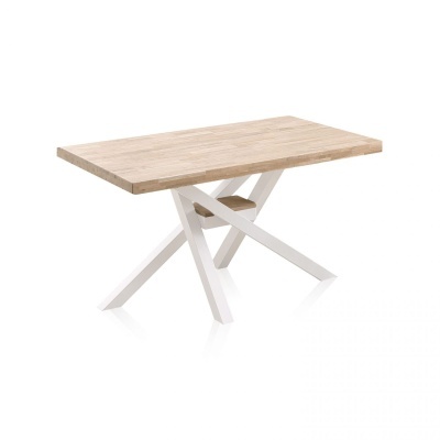 Mesa de jantar em madeira clara com base branca em metal