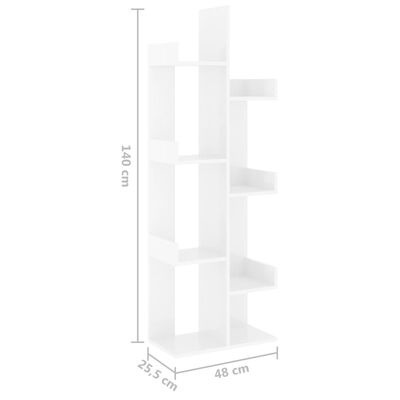 Estante branca de madeira com várias prateleiras e dimensões indicadas.