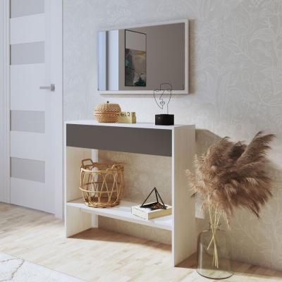 Móvel de entrada branco com gaveta preta e decoração numa sala moderna