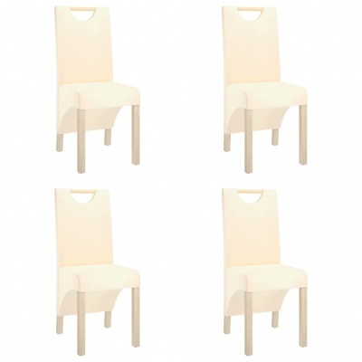 Cadeiras com estrutura de madeira clara e assento de tecido bege com recorte no encosto