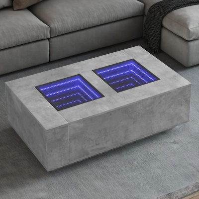 Mesa de centro em concreto com iluminação LED azul em nichos quadrados