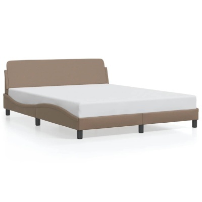 Cama de casal castanha estofada com colchão branco e pés pretos