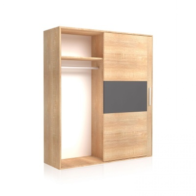 Roupeiro de madeira clara com porta de correr e painel cinzento