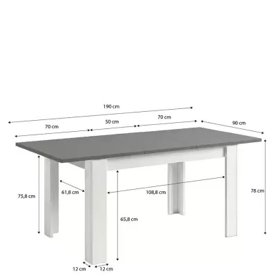 Mesa extensível cinzenta com pernas brancas e dimensões em centímetros.