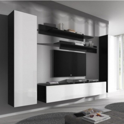 Móvel de sala preto e branco com televisão no centro numa sala moderna e clara