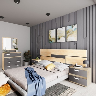 Quarto moderno com cama branca e cabeceira de madeira clara, detalhes em cinza e amarelo, decoração com quadros abstratos e plantas