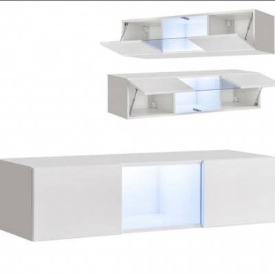 Móvel branco lacado com portas laterais e luz LED azul central