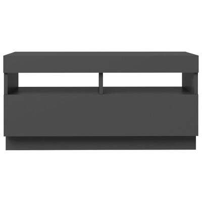 Móvel de televisão cinza escuro com prateleira aberta e compartimento fechado